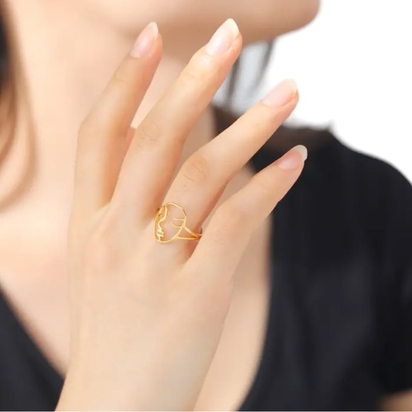 Stainless Steel Gold Abstract Face Design Ring - Picture 3 of 6